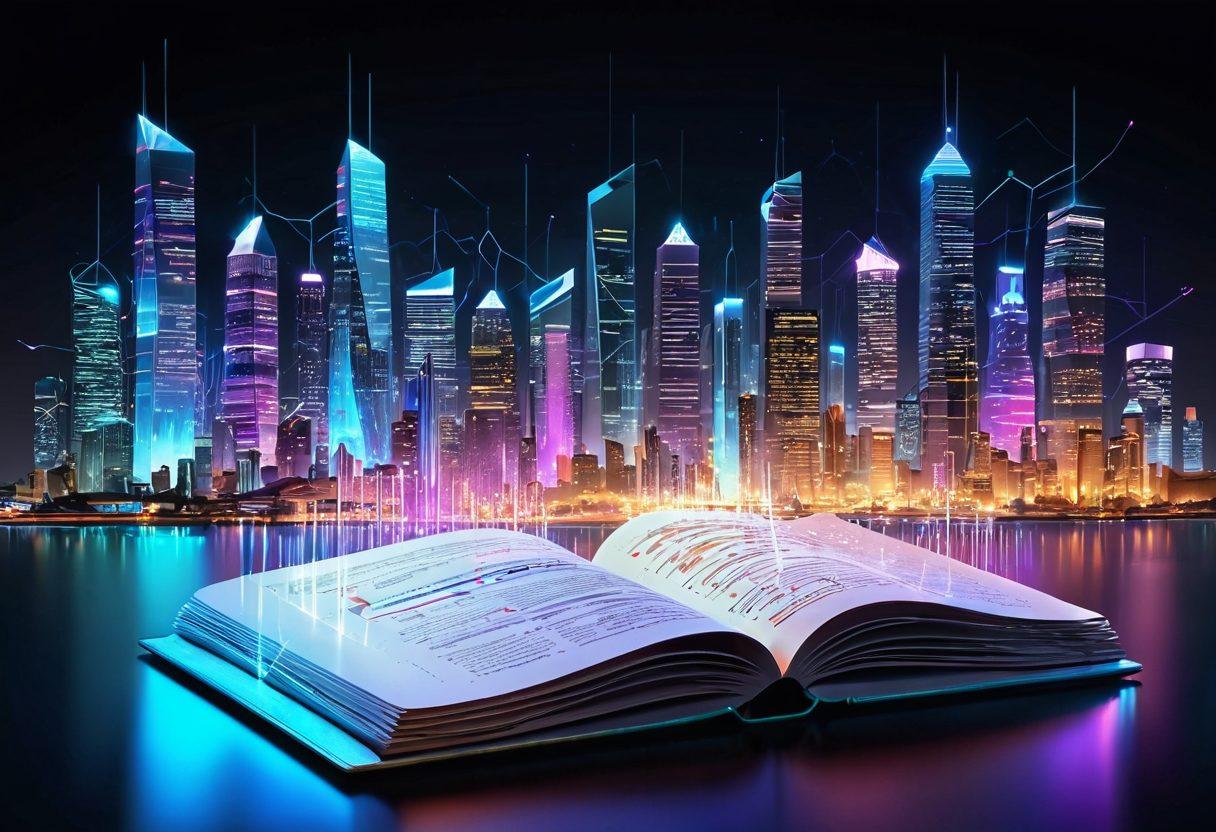 An imaginative representation of a futuristic knowledge base, featuring glowing data streams and digital graphs flowing from an open book. The background showcases a high-tech city skyline with holographic screens displaying analytical data. Incorporate diverse individuals collaborating and accessing information, symbolizing teamwork and innovation. Use bright colors to highlight optimism about the future of data analysis. cyberpunk. vibrant colors. 3D.