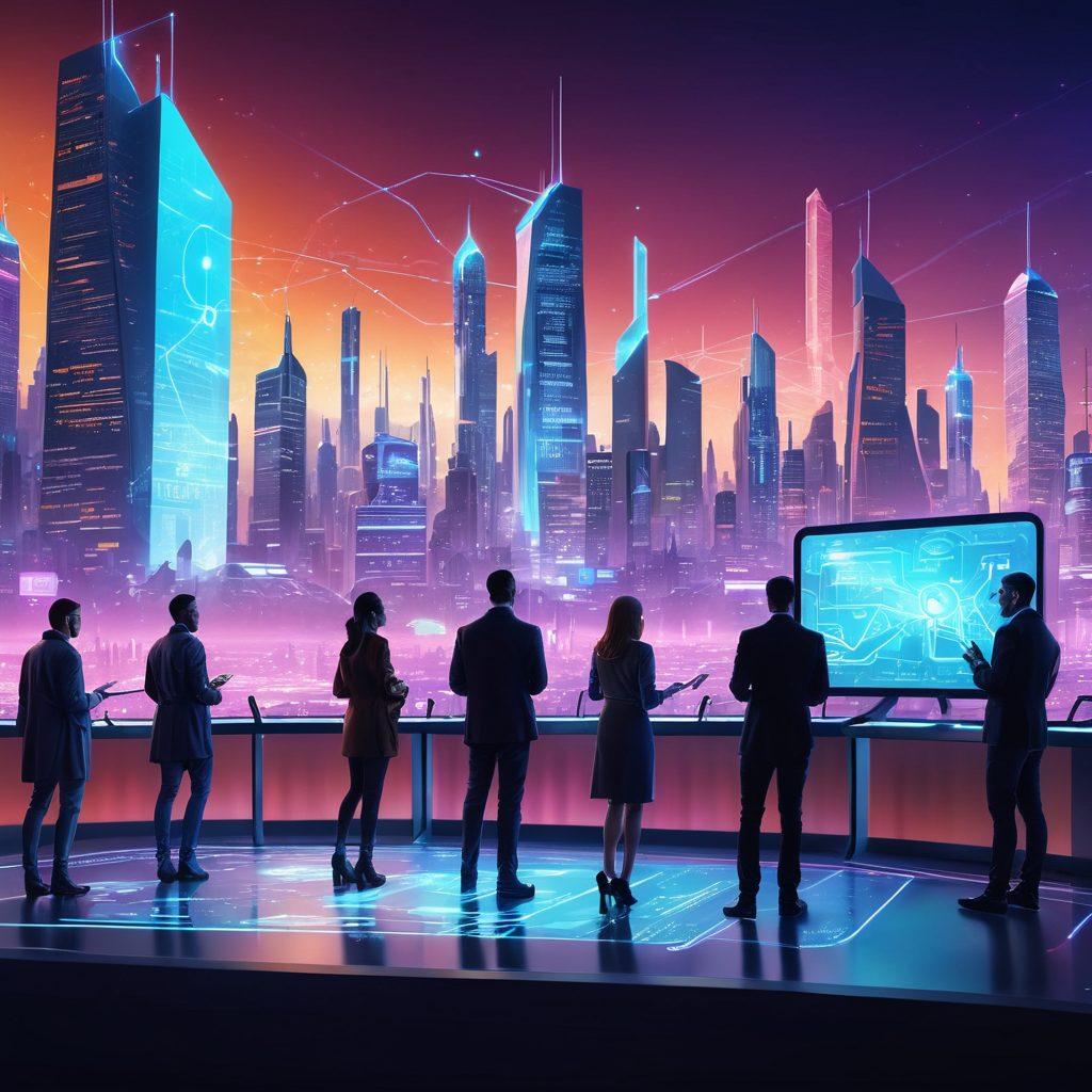 A futuristic city skyline with technological elements like holograms and digital screens displaying data insights. In the foreground, a diverse group of people engaged in discussions, analyzing tablets and graphs. A glowing key symbolizing 'unlocking' the future, integrated into the scene. The atmosphere is vibrant and dynamic, representing innovation and progress. cyberpunk. vibrant colors. 3D.