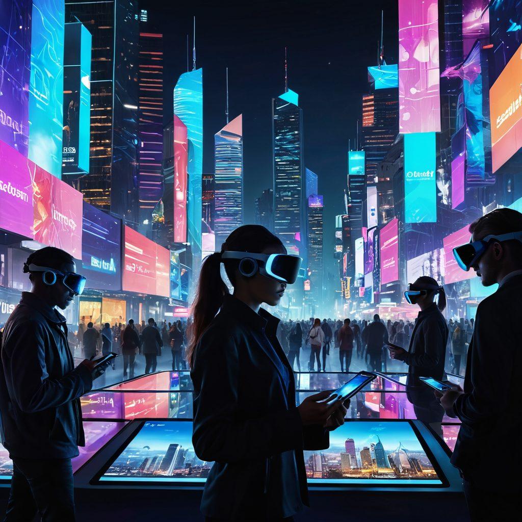 A futuristic city skyline bustling with digital billboards showcasing the latest technology news and data solutions. In the foreground, diverse individuals using various devices like tablets, smartphones, and VR headsets, surrounded by holographic interfaces displaying dynamic graphs and data. The sky is a blend of vibrant colors reflecting innovation and digital connectivity. super-realistic. vibrant colors. cyberpunk.
